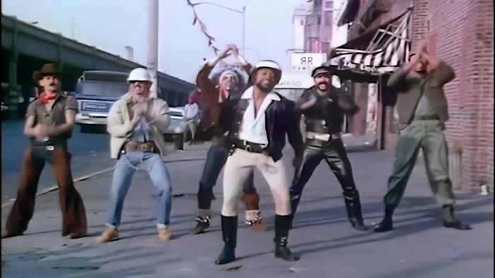 A screenshot from the "Y.M.C.A." video of the Village People performing outside the Ramrod, one of NYC's major leather bars in the late 1970s