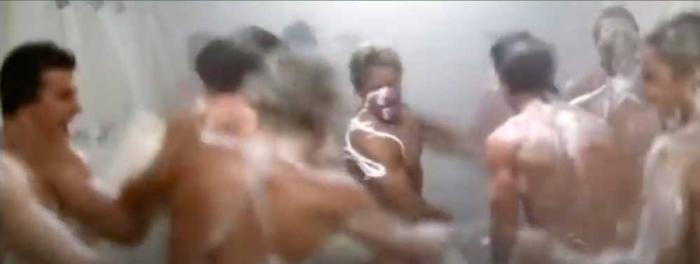 'Hanging out with all the boys." A screenshot from the "Y.M.C.A." number from "Can't Stop the Music."