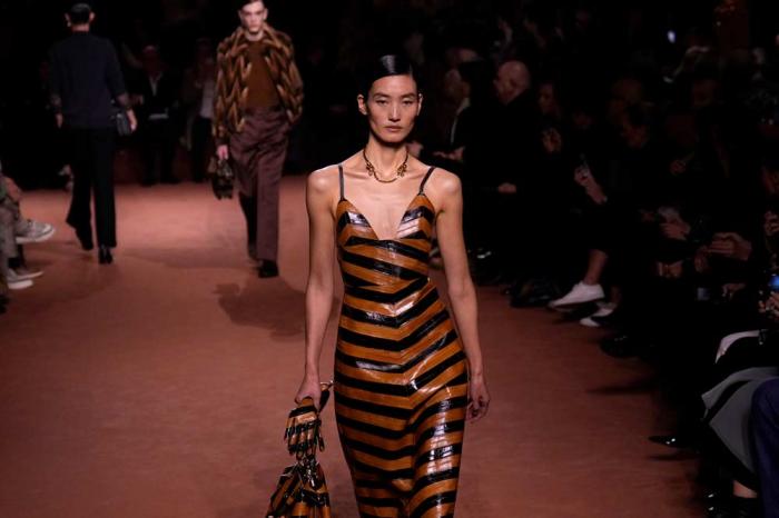 A model wears a creation of the Fendi Fall/Winter 2025-2026 women's collection presented in Milan, Italy, Wednesday, Feb. 26, 2025
