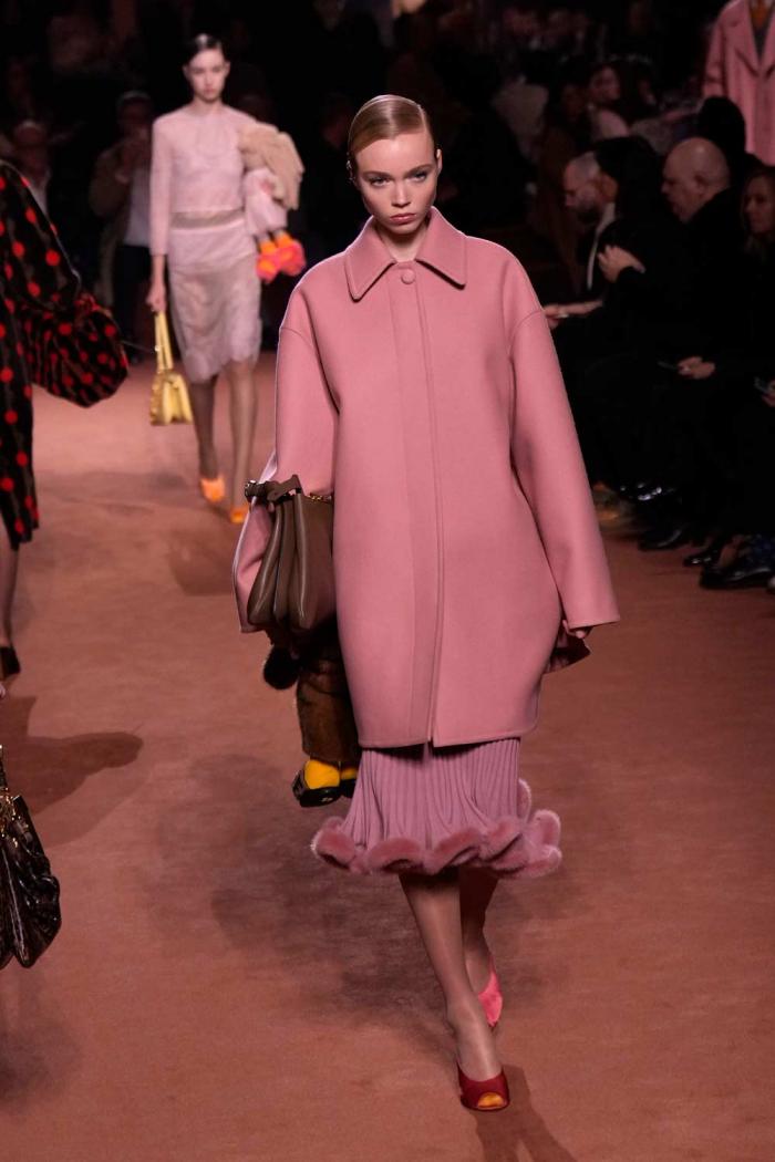 A model wears a creation of the Fendi Fall/Winter 2025-2026 women's collection presented in Milan, Italy, Wednesday, Feb. 26, 2025