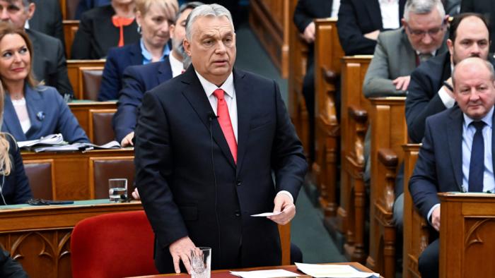 Hungarian Prime Minister Viktor Orban responds to speeches at the start of the spring session of the National Assembly in Budapest, Hungary, Monday, Feb. 24, 2025