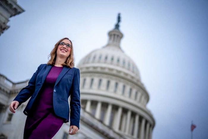 Rep.-elect Sarah McBride (D-DE) poses for a photograph after joining other congressional freshmen of the 119th Congress for a group photograph on the steps of the House of Representatives at the U.S. Capitol Building on November 15, 2024 in Washington, DC