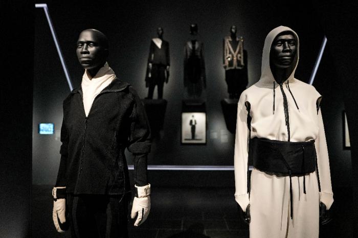 Designs by Saul Nash are displayed at the Metropolitan Museum of Art's Costume Institute exhibition, "Superfine: Tailoring Black Style," on Saturday, May 3, 2025, in New York. (Photo by Charles Sykes/Invision/AP)