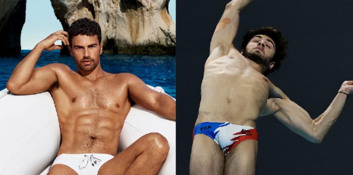 Theo James in the ad for Dolce & Gabbana; and French Olympian Jules Bouyer at last summer's games.