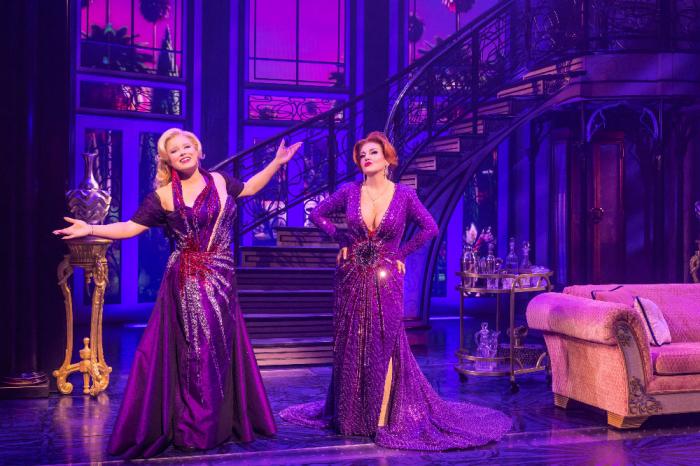 This image released by Polk & Co. shows Megan Hilty, left, and Jennifer Simard during a performance of "Death Becomes Her" in New York. (Matthew Murphy/Polk & Co. via AP)