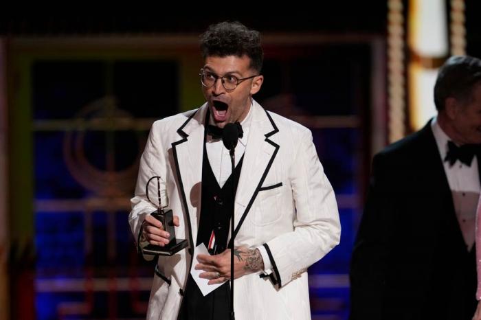 Sam Pinkleton accepts the award for best direction of a play for "Oh, Mary!" during the 78th Tony Awards on Sunday, June 8, 2025, at Radio City Music Hall in New York