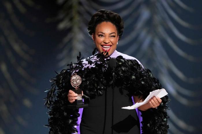 Natalie Venetia Belcon accepts the award for best performance by an actress in a featured role in a musical for "Buena Vista Social Club" during the 78th Tony Awards on Sunday, June 8, 2025, at Radio City Music Hall in New York