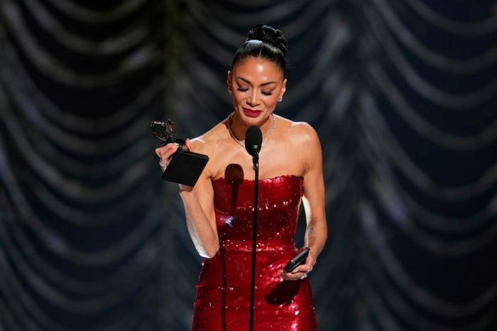 Nicole Scherzinger accepts the award for best performance by an actress in a leading role in a musical for "Sunset Blvd." during the 78th Tony Awards on Sunday, June 8, 2025, at Radio City Music Hall in New York