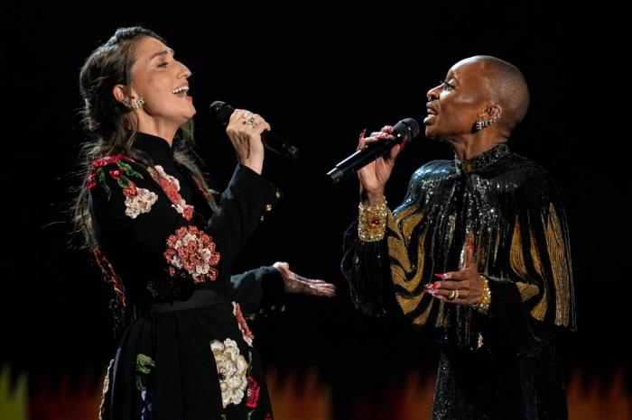Sarah Bareilles, left, and Host Cynthia Erivo perform "Tomorrow" during the In Memoriam segment during the 78th Tony Awards on Sunday, June 8, 2025, at Radio City Music Hall in New York