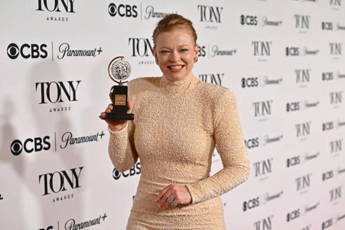 Sarah Snook poses in the press room with the award for best performance by an actress in a leading role in a play for "The Picture of Dorian Gray" during the 78th Tony Awards on Sunday, June 8, 2025, at Radio City Music Hall in New York