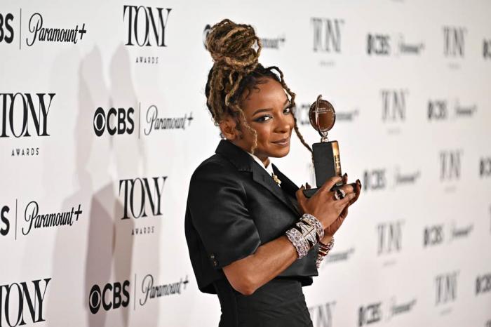 Kara Young poses in the press room with the award for best performance by an actress in a featured role in a play for "Purpose" during the 78th Tony Awards on Sunday, June 8, 2025, at Radio City Music Hall in New York