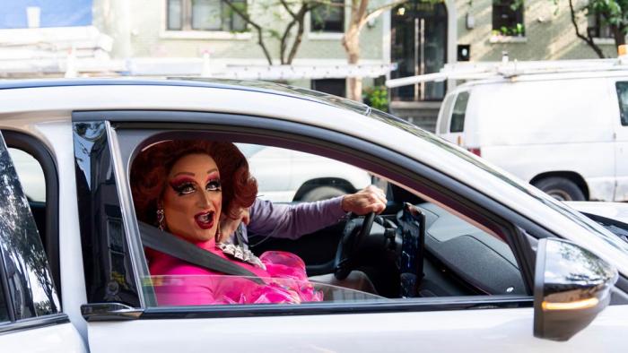 Tara Hoot greets Mari Con Carne, not pictured, before attending Les Miserables at the Kennedy Center in drag, on the night that President Donald Trump and first lady Melania Trump were also in attendance, Wednesday, June 11, 2025, in Washington
