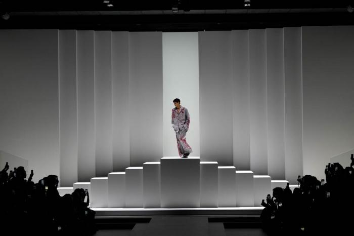 Models wear creations as part of the men's Dolce & Gabbana Spring-Summer 2026 collection, that was presented in Milan, Italy, Saturday, June 21, 2025