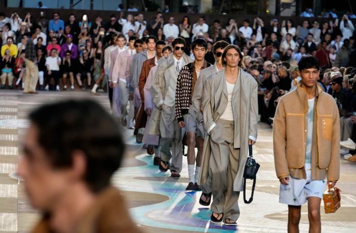 Models wear creations as part of the men's Louis Vuitton Spring-Summer 2026 collection, that was presented in Paris, Tuesday, June 24, 2025