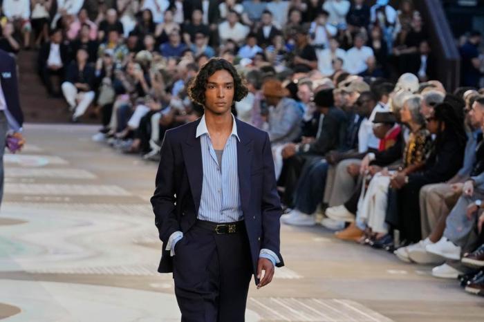 A model wears a creation as part of the men's Louis Vuitton Spring-Summer 2026 collection, that was presented in Paris, Tuesday, June 24, 2025