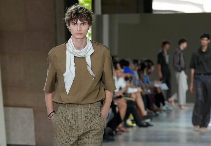 A model wears a creation as part of the men's Hermes Spring-Summer 2026 collection, that was presented in Paris Saturday, June 28, 2025