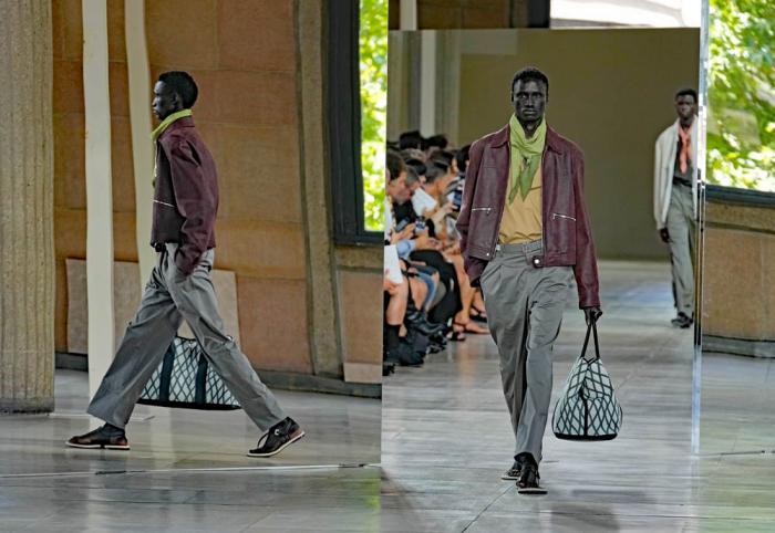 A model wears a creation as part of the men's Hermes Spring-Summer 2026 collection, that was presented in Paris Saturday, June 28, 2025