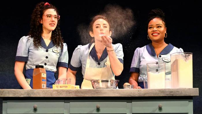 Emelie Latzer (Dawn), Dakota Mackey-McGee (Jenna), and Anny Jules (Becky) in "Waitress" at Theatre By The Sea thru July 19, 2025