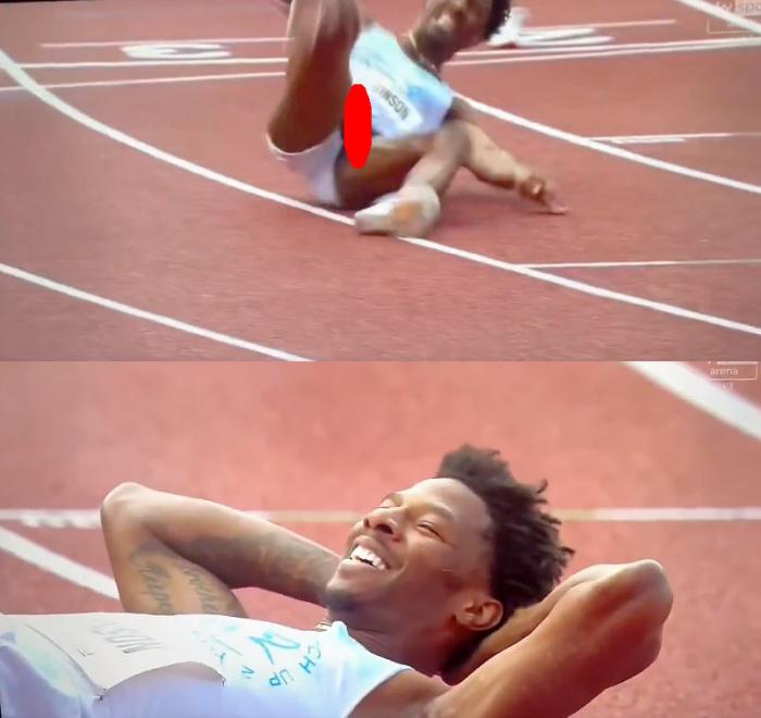 (top) Chris Robinson collapsing after finishing race. (bottom) Chris Robinson grinning after his win.