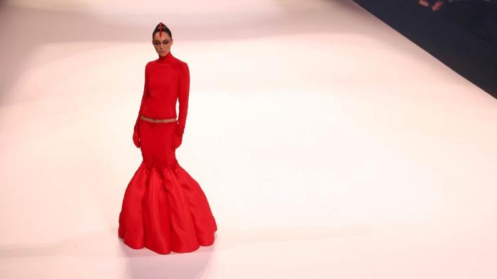 A model wears a creation as part of the Stephane Rolland Fall-Winter 2025/26 Haute Couture collection presented Tuesday, July 8, 2025, in Paris