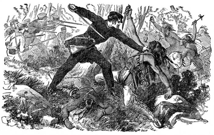 An engraved illustration image of U.S. military fighting Native Americans from a vintage Victorian book circa 1880.