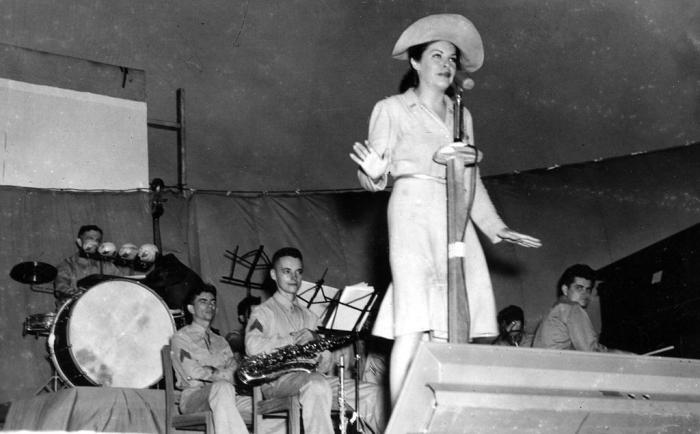 Martha Raye entertaining troops c. 1943.