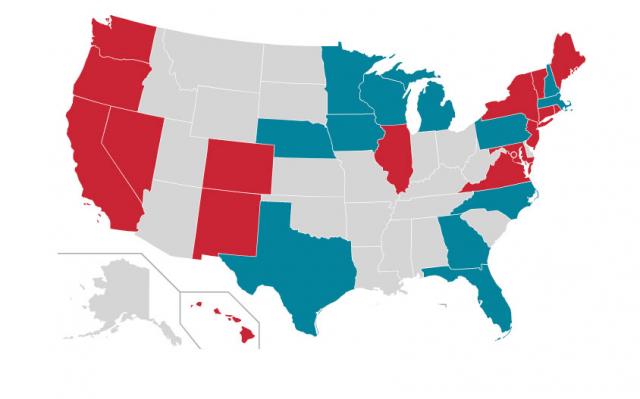 A map from the website LGBTQ+Bar. Red states are states where anti-trans defense legislation has been passed and teal states are states where legislation has been introduced.