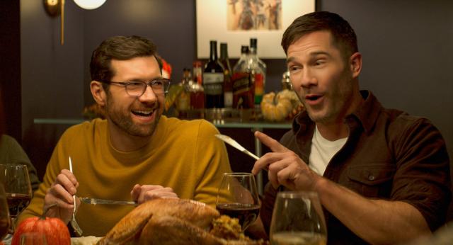 This image released by Universal Pictures shows Billy Eichner, left, and Luke Macfarlane in a scene from "Bros." (Universal Pictures via AP)