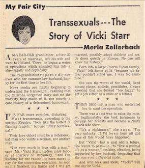 "Transsexuals --- The Story of Vicki Starr" in the San Francisco Chronicle March 27, 1967 from the Newspaper Clips and Ephemera section of 'Remember Me, Vicki Starr: The Visual History of a Trans Renegade' (courtesy of Lewis Rawlinson)