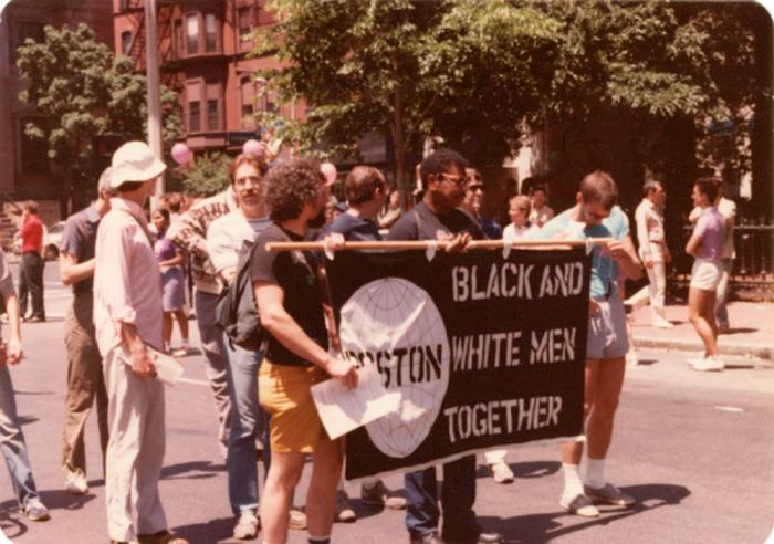 Members of Black and White Men Together march in Boston Pride parade, 1984