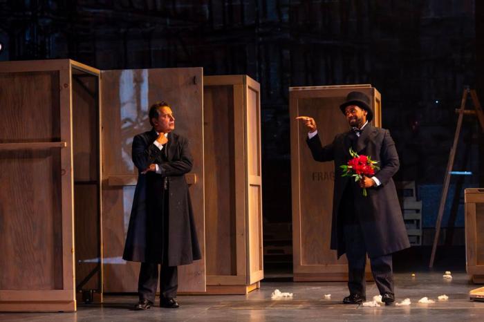 Firdous Bamji and Joshua David Robinson in "The Lehman Trilogy"