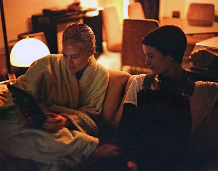 Rosy McEwen and Georgia Oakley on the set of "Blue Jean"