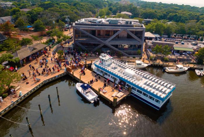 Aerial view of ferry docking on Fire Island