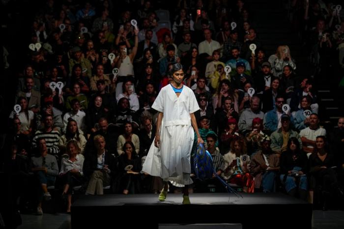 A model wears a creation as part of the Sunnei women's Spring Summer 2024 collection presented in Milan, Italy, Friday, Sept. 22, 2023. (AP Photo/Antonio Calanni)
