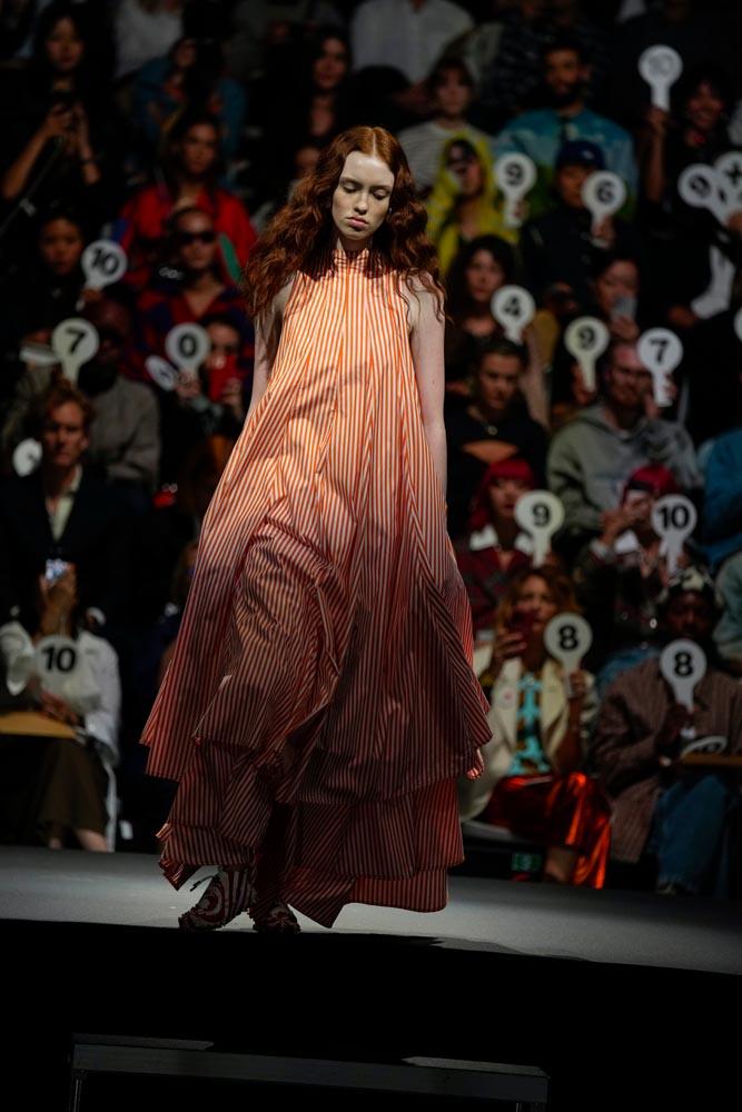 A model wears a creation as part of the Sunnei women's Spring Summer 2024 collection presented in Milan, Italy, Friday, Sept. 22, 2023. (AP Photo/Antonio Calanni)
