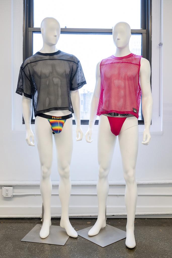 This image released by BIKE Athletic shows jockstraps at a showroom in New York on March 6, 2024.