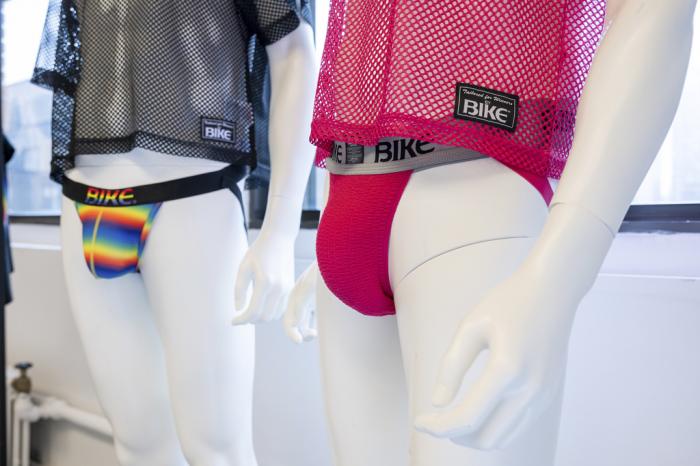 This image released by BIKE Athletic shows jockstraps at a showroom in New York on March 6, 2024.