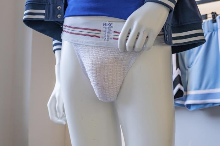 This image released by BIKE Athletic shows a jockstrap displayed at a showroom in New York on March 6, 2024.