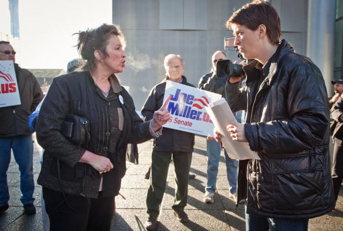 Television and radio personality Rachel Maddow (R) speaks with supporters of Republican candidate Joe Miller prior to his debate with write-in candidate Sen. Lisa Murkowski (R-AK), and Democratic candidate Scott McAdams hosted by The Alaska World Affairs