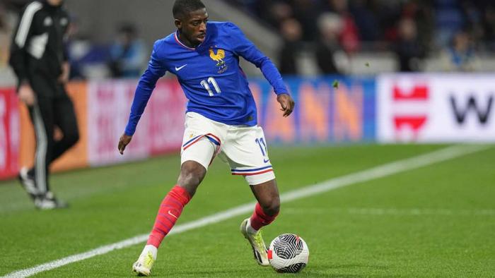 France's Ousmane Dembele in action during an international friendly soccer match between France and Germany at the Groupama stadium in Decines, near Lyon, central France, Saturday, March 23, 2024