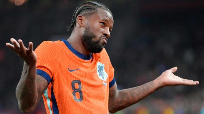 Netherlands' Georginio Wijnaldum celebrates after scoring his side's second goal during an international friendly soccer match between Netherlands and Scotland at the Johan Cruyff ArenA, in Amsterdam, Netherlands, Friday, March 22, 2024