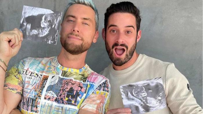 Lance Bass and Michael Turchin with images of their twins they posted on Instagram