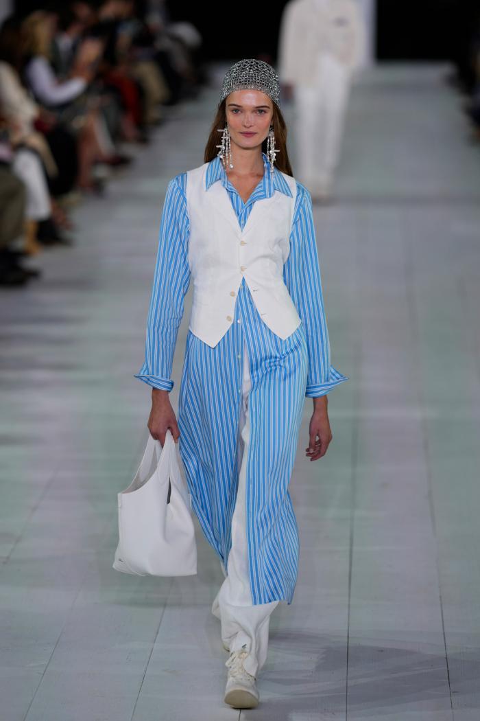 A model walks the runway during the Ralph Lauren Spring/Summer 2025 fashion show as part of New York Fashion Week on Thursday, Sept. 5, 2024, at Khalily Stables in Bridgehampton, N.Y.