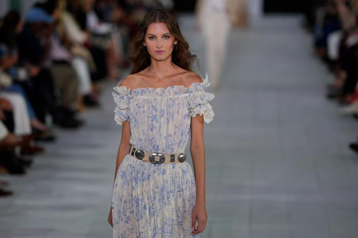 A model walks the runway during the Ralph Lauren Spring/Summer 2025 fashion show as part of New York Fashion Week on Thursday, Sept. 5, 2024, at Khalily Stables in Bridgehampton, N.Y.