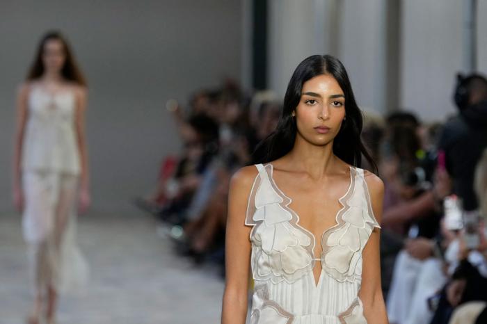 A model wears a creation as part of the Alberta Ferretti Spring Summer 2025 collection, that was presented in Milan, Italy, Tuesday, Sept. 17, 2024