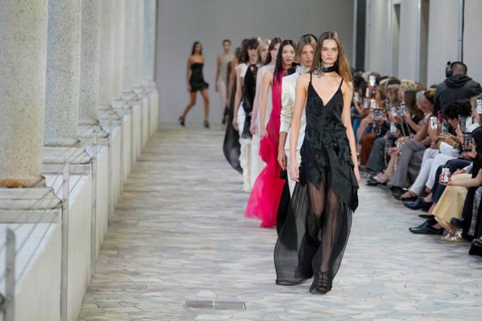 A model wears a creation as part of the Alberta Ferretti Spring Summer 2025 collection, that was presented in Milan, Italy, Tuesday, Sept. 17, 2024