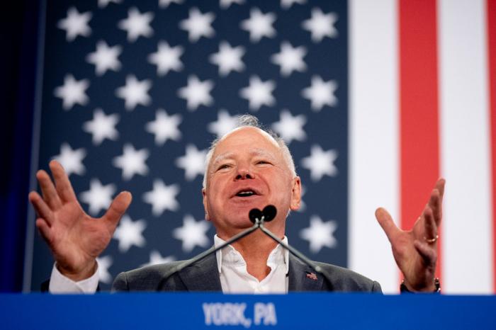 Democratic vice presidential candidate Minnesota Gov. Tim Walz speaks at a rally at York Exposition Center UPMC Arena on October 2, 2024 in York, Pennsylvania. Walz is holding a rally a day after debating Republican vice presidential candidate Sen. JD Van