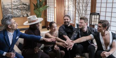 From left to right: Tan France, Karamo Brown, Kiko Mizuhara, Jonathan Van Ness, Bobby Berk, Antoni Porowski in "Queer Eye: We're in Japan!"