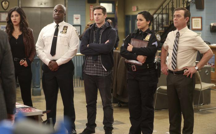 The cast of the comedy series "Brooklyn Nine-Nine," from left, Stephanie Beatriz, Andre Braugher, Andy Samberg, Melissa Fumero and Joe Lo Truglio.