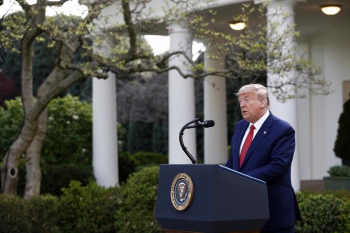 President Donald Trump speaks during a coronavirus task force briefing in the Rose Garden of the White House, Sunday, March 29, 2020, in Washington. (AP Photo/Patrick Semansky)